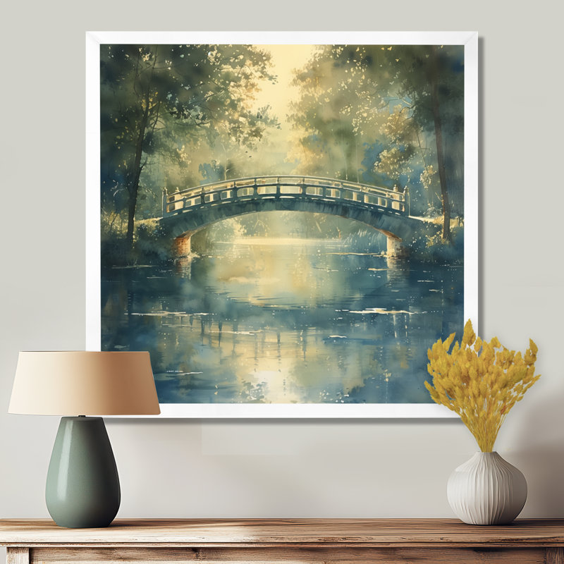 «Green Beige River Crossing Park Bridge I», art mural, Toile encadrée blanche avec une seule photo