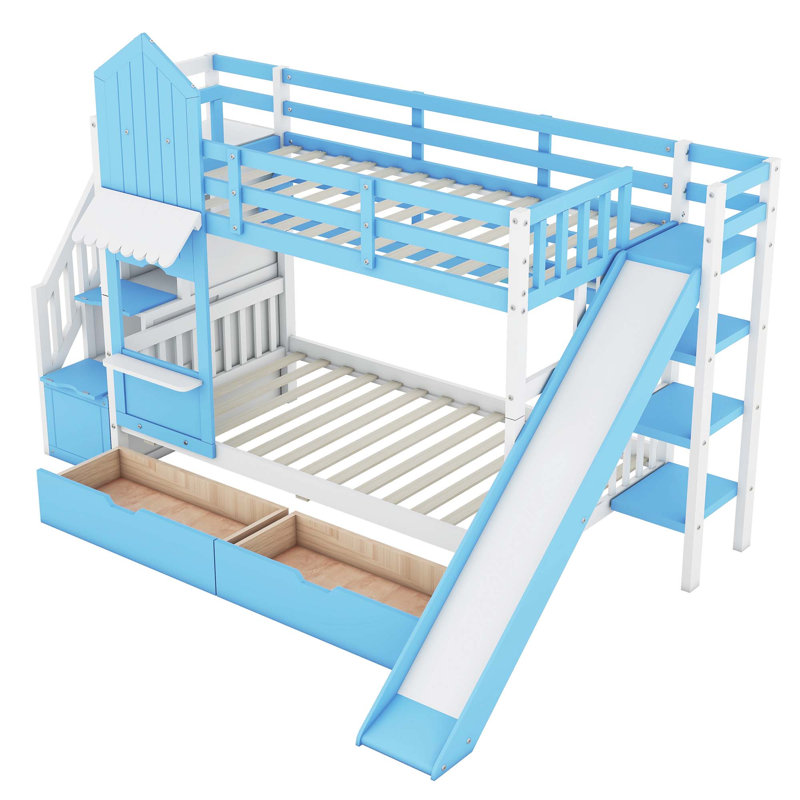 Hatina Kids Castle Style Storage Bunk Bed with Slide and Stairs, Blue, Twin over Twin