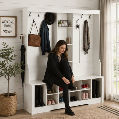 Arbre d'entrée 3 en 1 avec banc, rangement pour chaussures, tablettes réglables et crochets de suspension, blanc