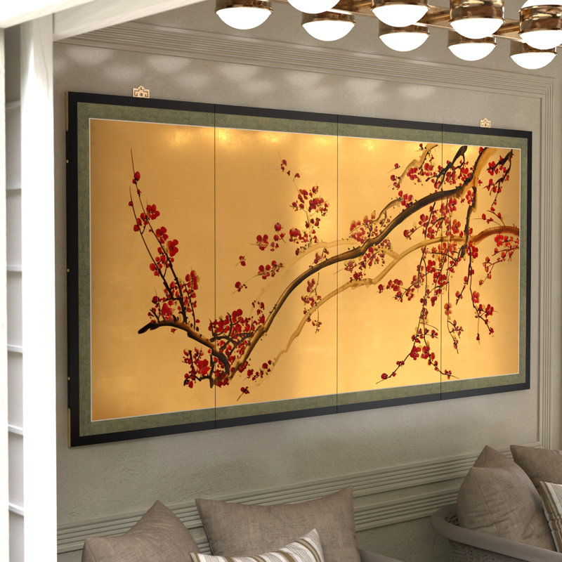 24" Plum Tree on Gold Leaf 4 Panel Room Divider, 36" H x 72" W x 1" D