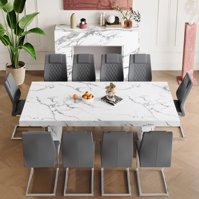 79'' Marble-Patterned Wood Dining Table Set for 10