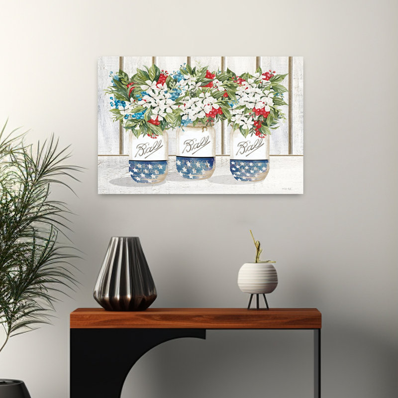 Art floral contemporain rouge, blanc et bleu, H 16 po x l 24 po