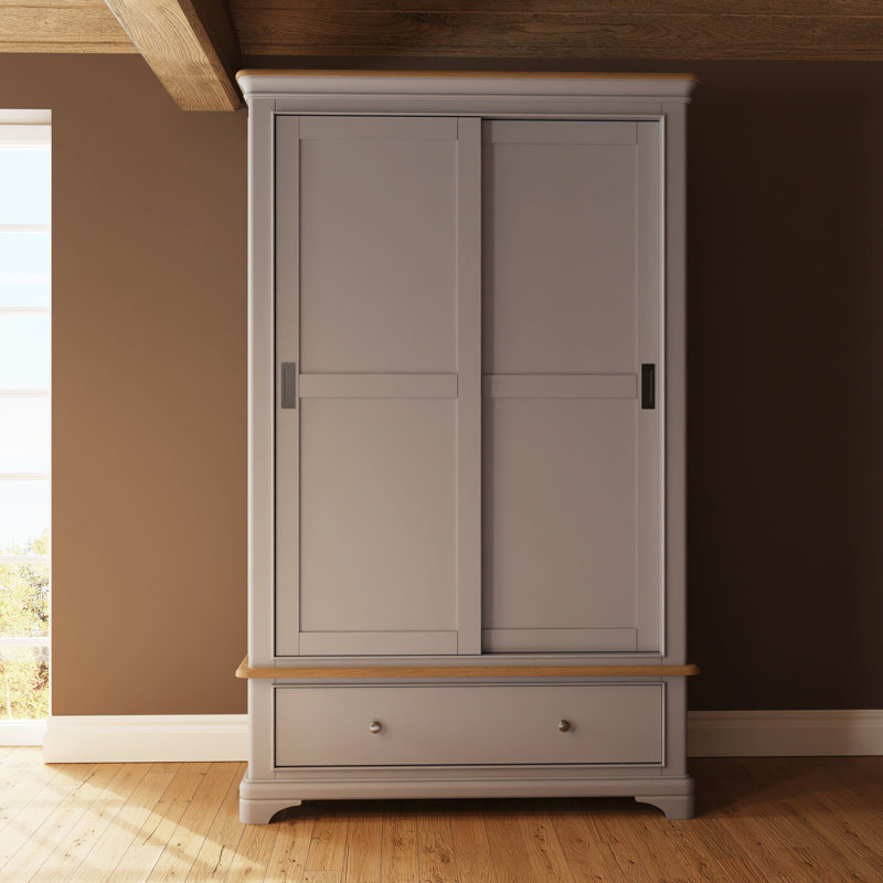 Joulon 2 Door Combination Sliding Wardrobe. Solid Wood. Oak Top. 1 Drawer OR 2 Drawer., Dove Grey/Oak