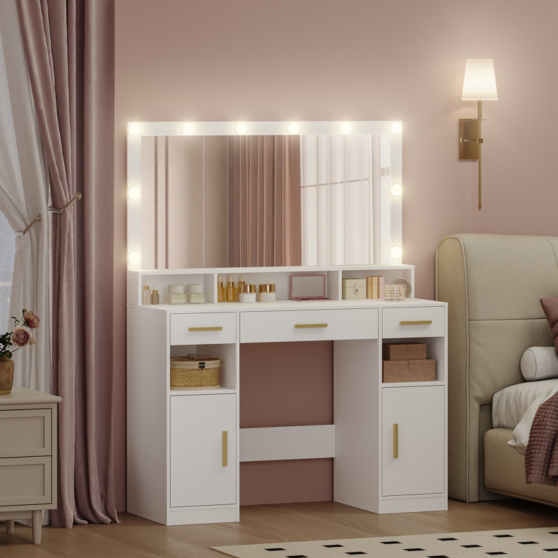 Dressing Table with Large Mirror, Vanity Desk with Mirror LED, 3 Light Colors, Makeup Desk, 3 Drawers, 2 Storage Cabinets, 5 Open Compartments, 40 × 108 × 140 cm, for Bedroom, White