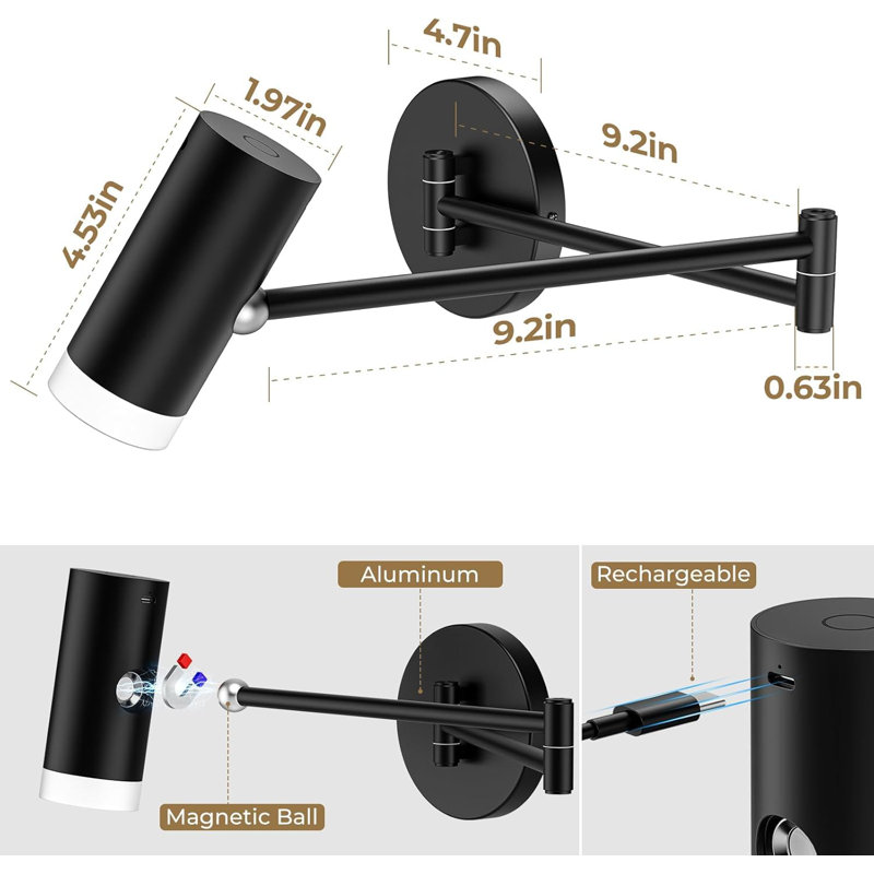 Set Of Two Battery Operated Wall Sconces With Remote Control - Dimmable Swing Arm LED Wall Lamps For Bedroom, Living Room, And Reading Decor