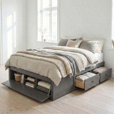 Queen Size Platform Bed Frame With 4 Storage Drawers And Hydraulic Lift Footboard Storage, No Headboard, Modern Space-Saving Design