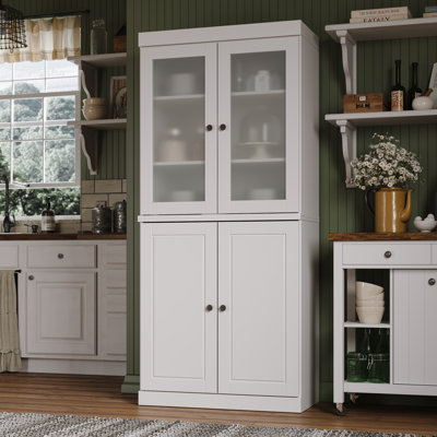 100% Solid Wood 32" Pantry Cabinet with Solid, Frosted Glass Doors and Adjustable Shelves by Latitude Run