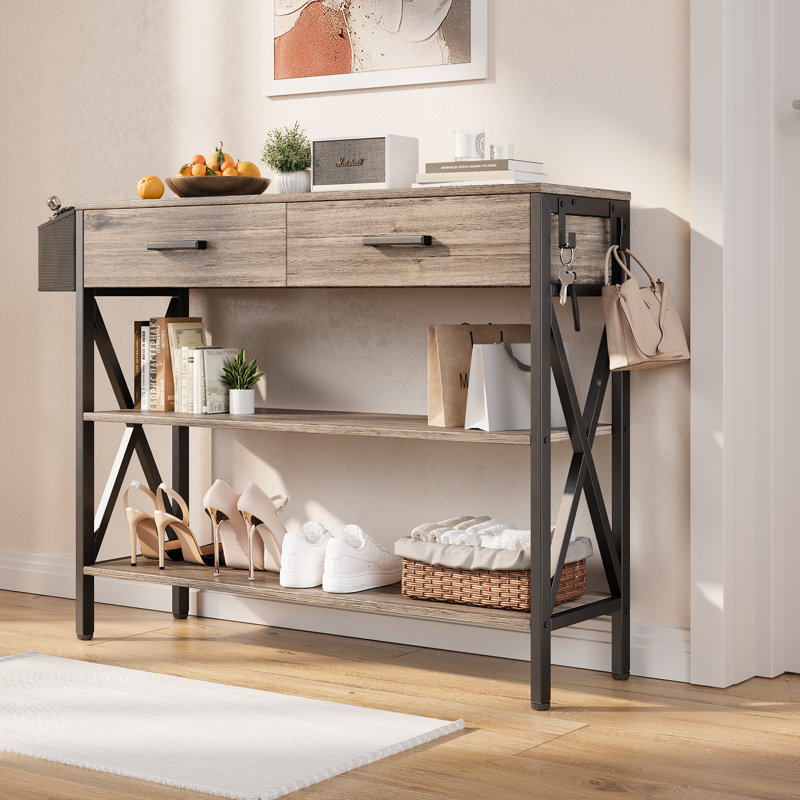 Modern Console Table with 2 Drawers, 2 Shelves, Storage Basket & Hooks - Ideal for Entryway or Behind Sofa, Gray