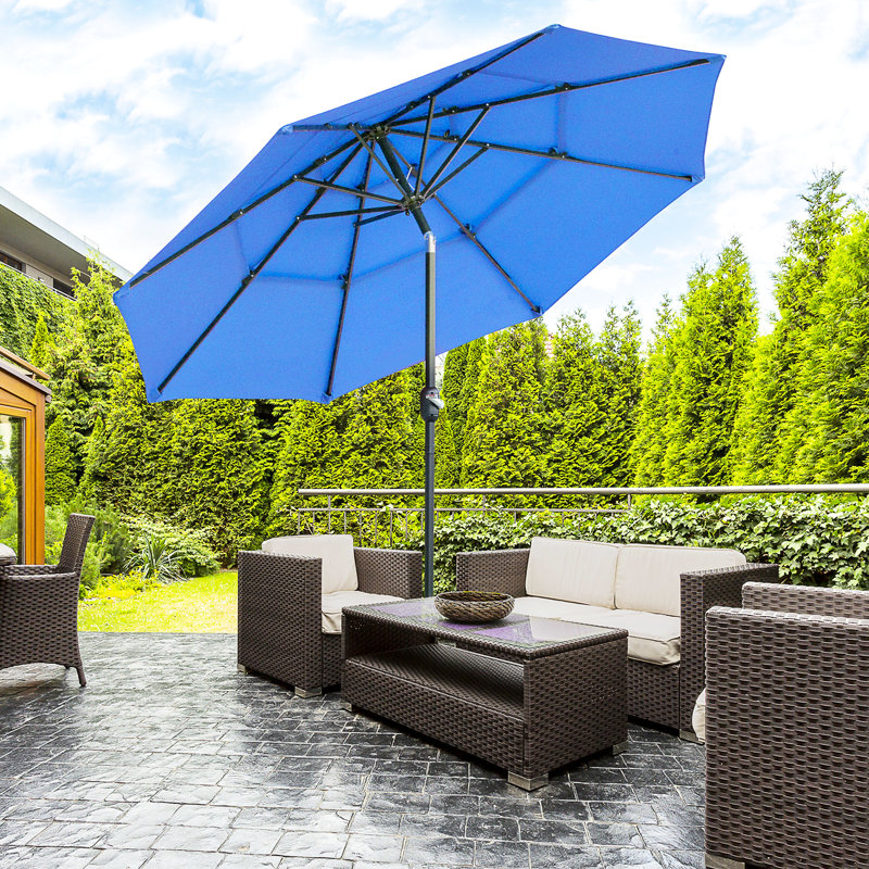 Parasol de table d'extérieur avec auvent bleu foncé, pour manivelle de patio et pelouse 9 pi, jardin