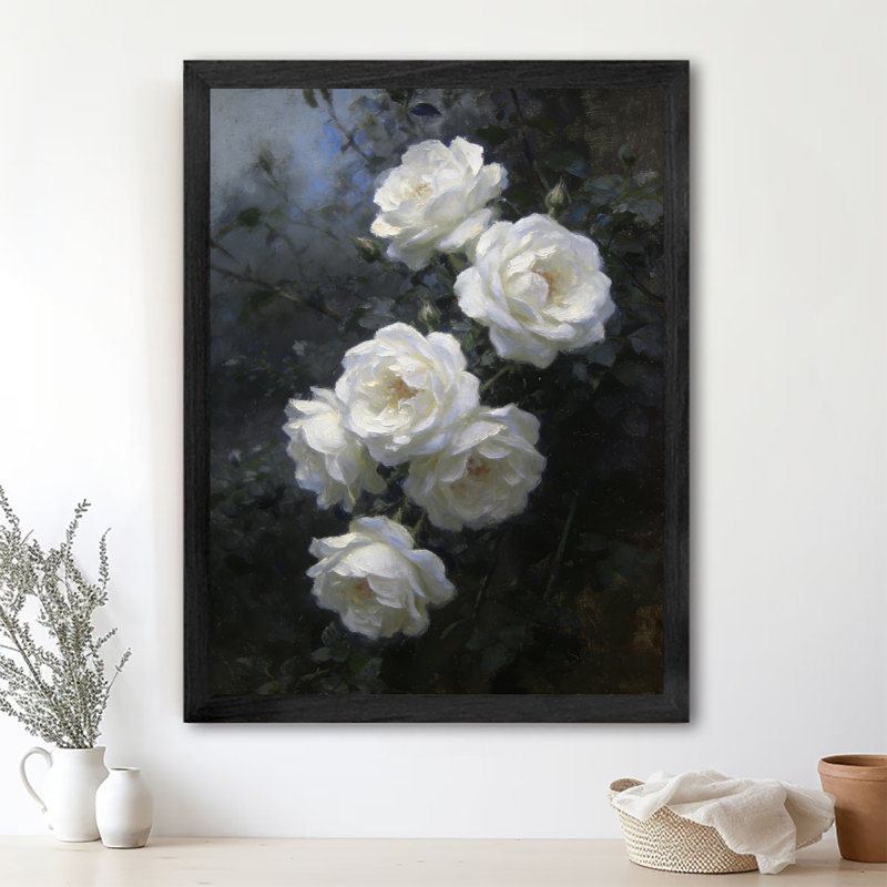 Reproduction d'art encadré noir et rose blanche dans la brume, H 17 po x l 13 po