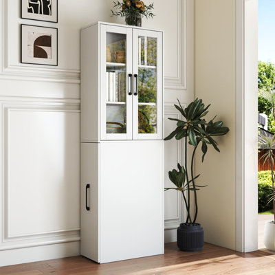 Armoire de rangement H 70,87 ", étagère de rangement multi-fonctionnelle à 4 niveaux et 2 portes en verre, grande bibliothèque moderne en bois pour le bureau à domicile