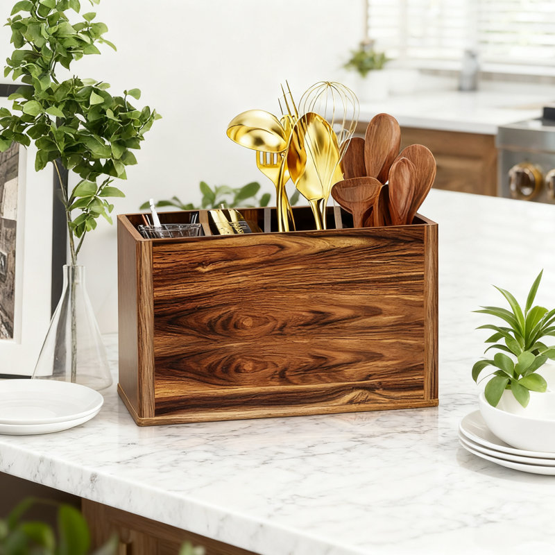 Porte-ustensiles de cuisine en bois avec 4 compartiments, organisateur de comptoir avec séparateurs amovibles, option de fixation murale et base antidérapante pour les ustensiles de cuisine et le rangement pour l'argenterie