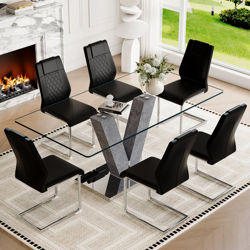 71″ Modern Glass Dining Table Set for 6–8 – Tempered Glass Dining Table with PU Leather Chairs, Stylish Kitchen & Dining Room Set