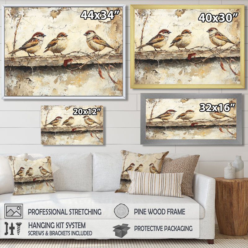 Bird Sparrows By The Farm House - art mural grand oiseau, 30" H x 40" W, Floater Framed, Brun