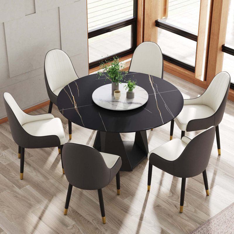 Table de salle à manger 53,15 po ronde en marbre artificiel avec base en fer et plateau tournant en pierre artificielle (table de salle à manger seulement)
