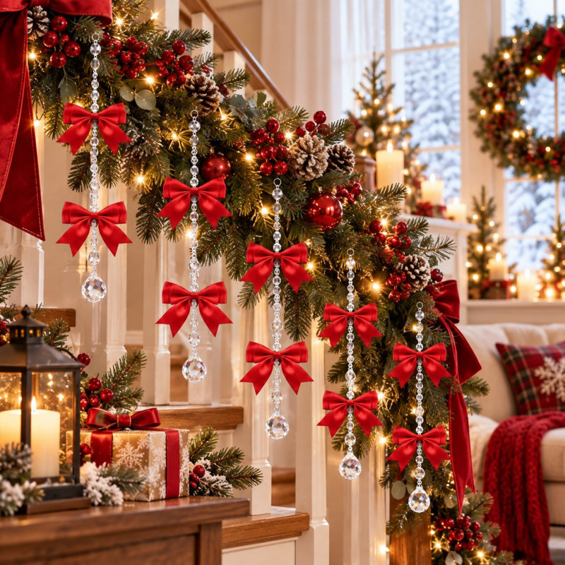 Ensemble de 12 décorations suspendues en cristal avec nœud rouge de 30 cm