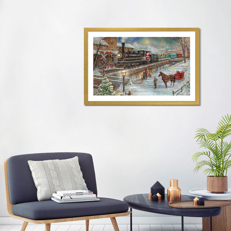 Train de Noël par Ruane Manning - reproduction d'art, H 24 po x l 32 po x P 1 po, Blanc, Papier encadré doré