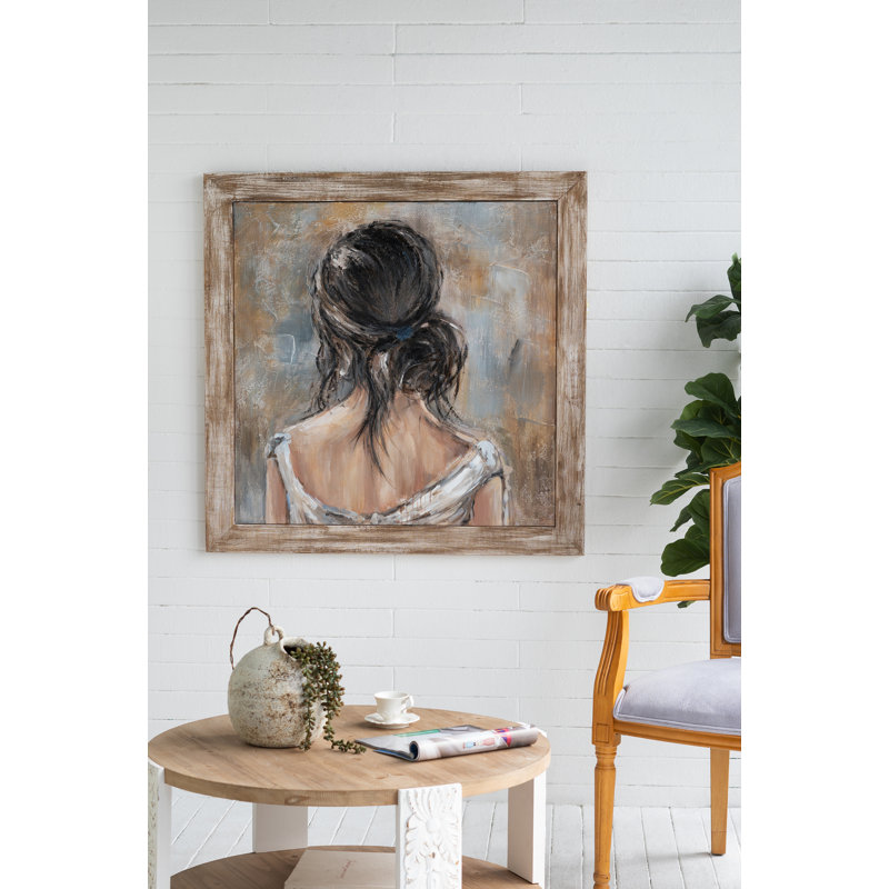 39,5 x 39,5 x 1,2 po, art de portrait de femme peint à la main avec cadre en bois de sapin rustique