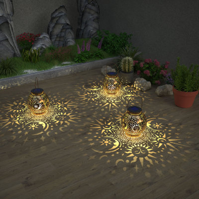 2 Pack Solar Lantern Hanging Garden,sun Moon Star Decorative Metal Lantern For Garden