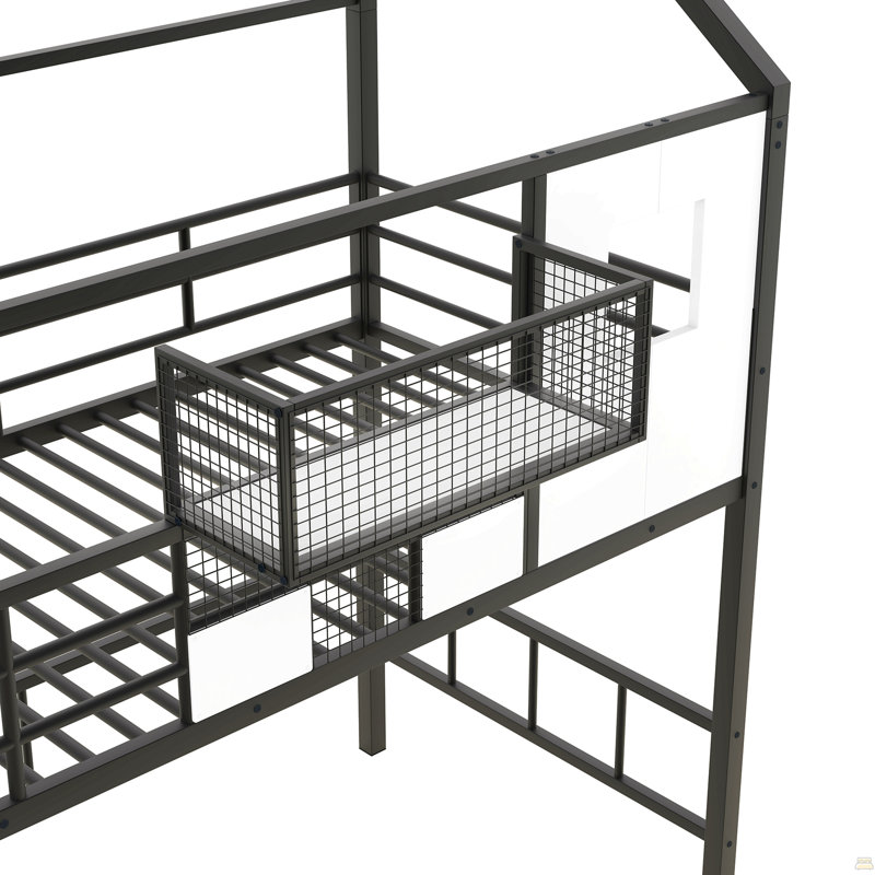 Lit mezzanine en métal avec toit et boîte de rangement, simple