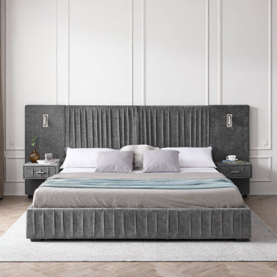 King Size Dark Grey Upholstered Bed Frame with Built-in Nightstand & Adjustable Lamps - Chenille Fabric, Platform Base, No Box Spring