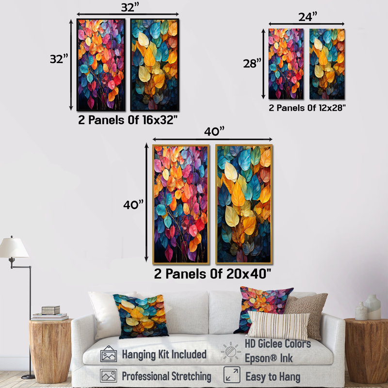 «Magical Colorful Leaves - Leaves», ensemble de 2 reproductions d'art sur toile, Cadre blanc, H 28 po x l 25 po