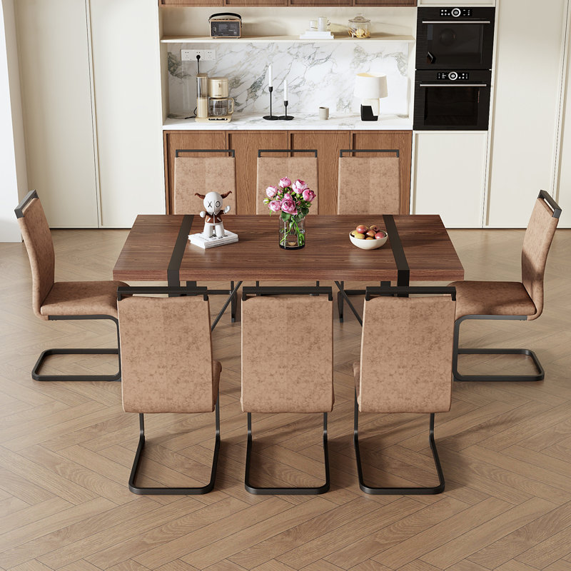  Ensemble de table de salle à manger 9 pièces en noyer avec technologie Chaises en tissu et pieds arqués en métal noir, noyer