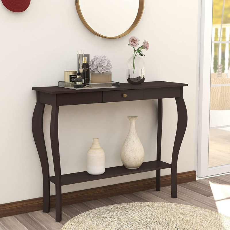 Console étroite avec tiroir, canapé d'appoint chic avec tablettes pour hall d'entrée, salon, couloir, espresso