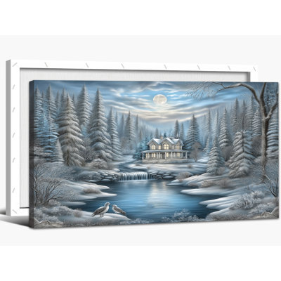 Toile, art de la cabane d'hiver, paysage, pin de Noël, forêt enneigée, impressions sur toile encadrées prêtes à être accrochées pour décor de bureau de chambre à coucher, 16 x 32 po