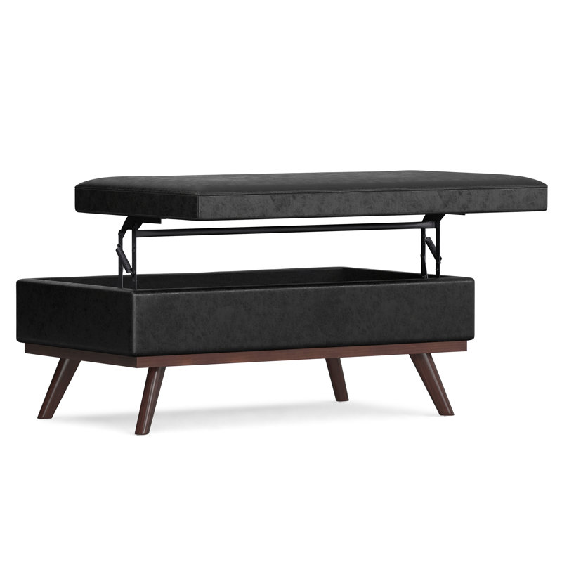 Owen 42"W Upholstered Vegan Leather Mid-Century Modern Rectangular Lift-Top Ottoman with High-Density Foam, Distressed Black