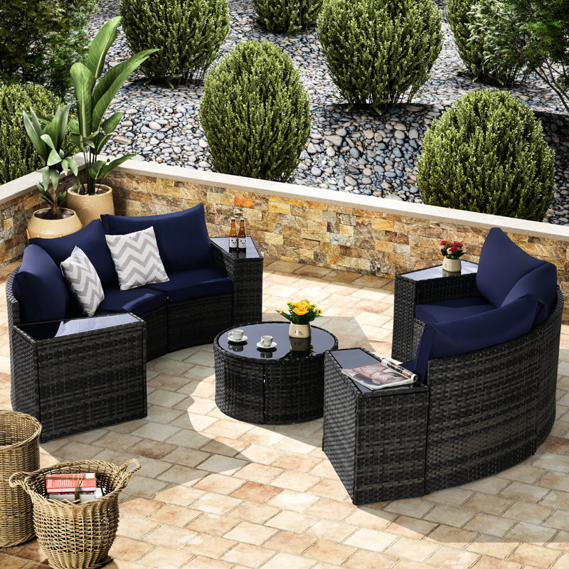 11 Half-Moon Sectional Patio Furniture - Tempered Glass Round Table All-Weather , , Washable Cushions With Strong Breathable Cushions, Frame