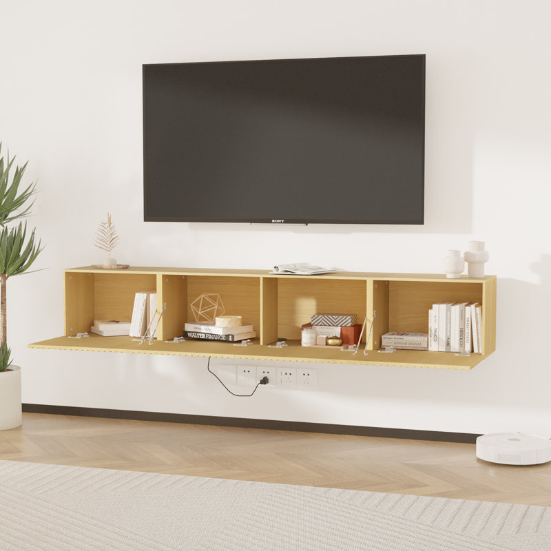 Led 71 Inch Floating Tv Stand For 75" Tv, Wall-mounted Media Console With Charging Station, Floating Tv Shelf For Living Room, Bedroom, Oak