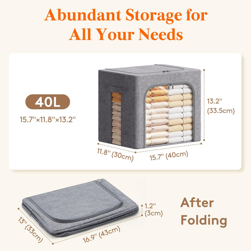 Clothes Storage Box With Metal Frame, Stackable Storage Box, Foldable Clothes Storage Box With Lid, 40L Storage Bag Fabric Box Organizer With Clear Window And Zipper And Sturdy Handle, 4 Pack