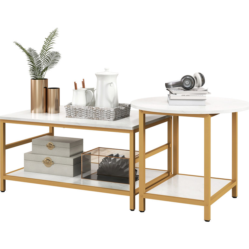 2 tables basses, faux marbre et acier, blanc, tables de salon, surface
