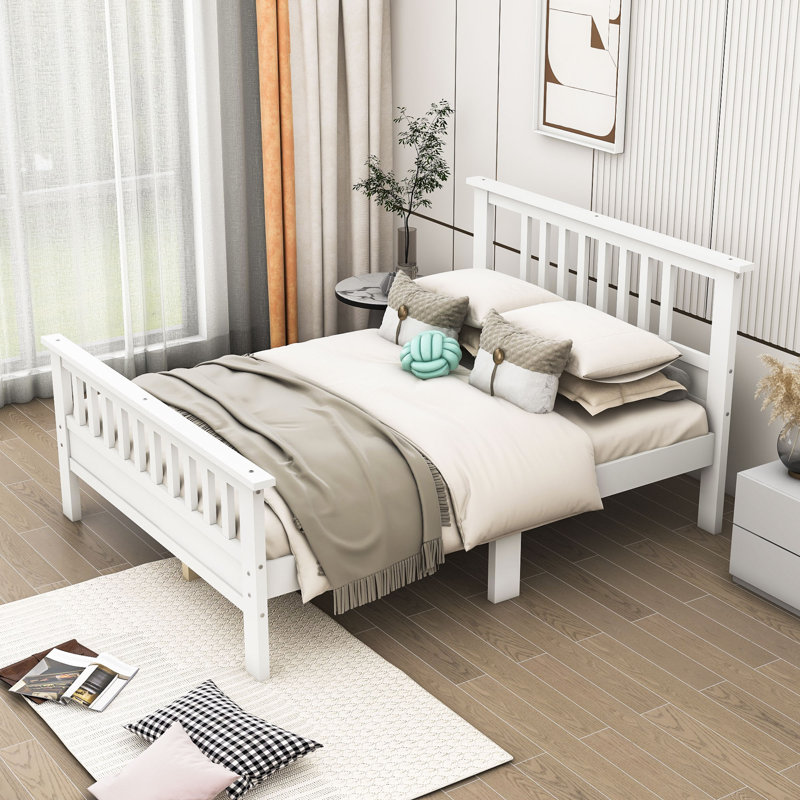 Domonick Wooden Platform Bed with Headboard, White, Full