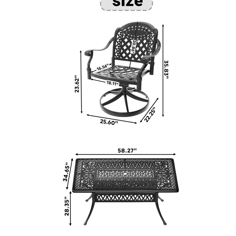 All-Weather 7 Cast Aluminum Dining - 6 Swivel Chairs & Rectangular Black Table, Graceful Carving Patterns, Weather Resistance, Comfortable Seating Configuration, 360 Rotatable Chairs