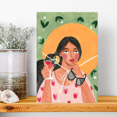 Abstract Modern Bohemian Woman With Cocktail Abstract Contemporary Flower Portrait Wall Art Print