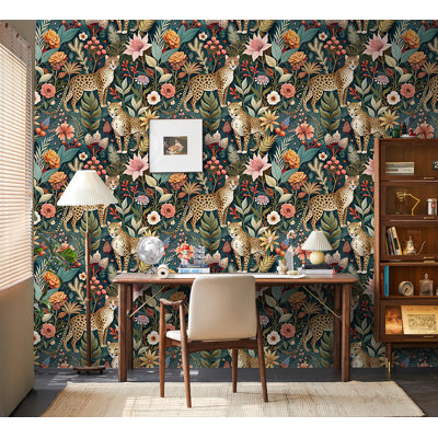 Forest Peel and Stick Wallpaper Floral Jungle Leopard Animal Forest Removable Stick on Contact Paper for Home Decor Green/Brown/Pink 17.3in x 32.8ft