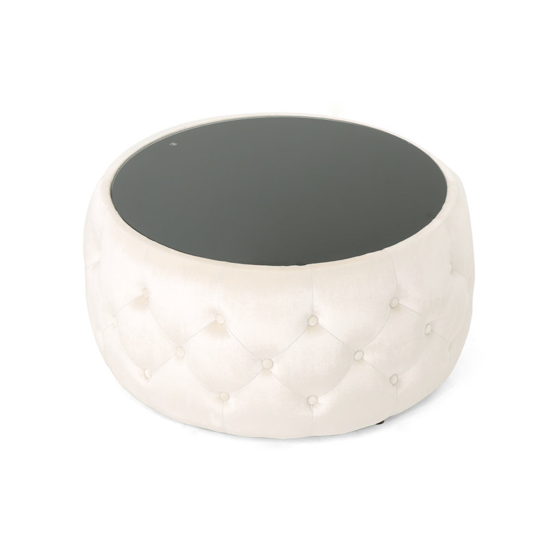 Beige Velvet With Graceful And Tempered Glass Top, Modern Choice, 30X30x14.5 Button- Diamond Stitch Glossy Decor, 30" W X D 14.5" H