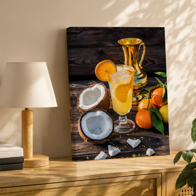 Canvas A Vibrant Still Life Composition Featuring A Tall Glass Of Wall Art Refreshing Orange Juice With Ice Cubes And Orange Slices Canvas Wall Art