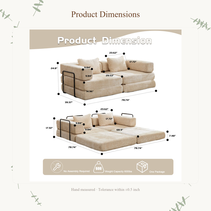 Canapé-lit convertible Compression, 78.74" W, Beige Chenille