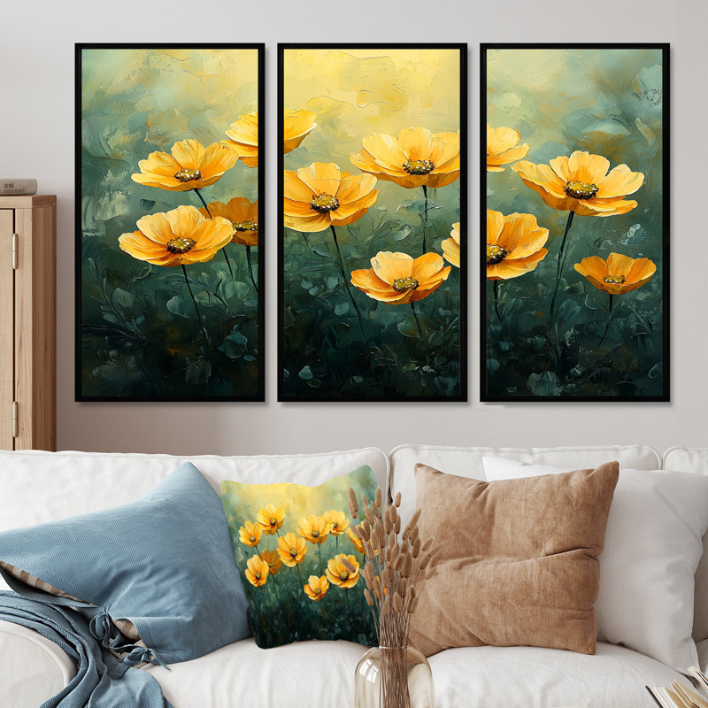 «Dahlia Flower Summer Horizons II» - art mural Dahlia - ensemble de 3, H 40 po x l 60 po, Noir