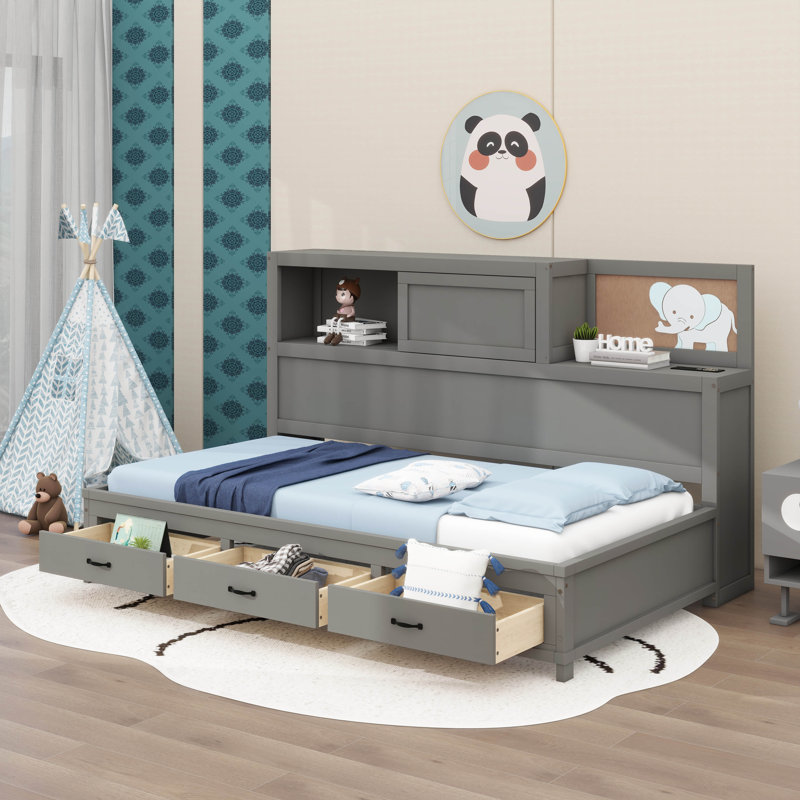 Jacksten Wooden Daybed With 3 Drawers, Upper Soft Board, Shelf, Sockets And USB Ports, Twin, Gray