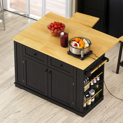48" Large Kitchen Island: With Folding Plate, Electrical Outlet, Internal Storage Rack, 5-wheel Rolling Storage Cart With 5 Open Side Racks (suitable by Lark Manor