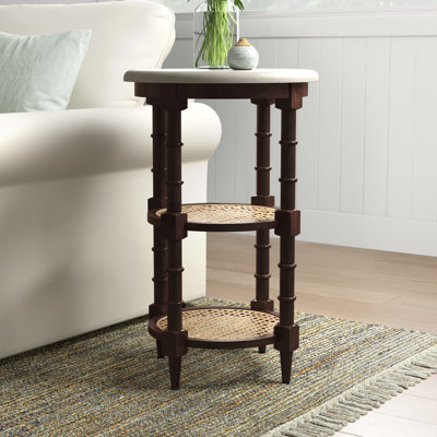 Round Solid Wood End Table with Genuine Marble Top and 2 Woven Cane Storage Shelves