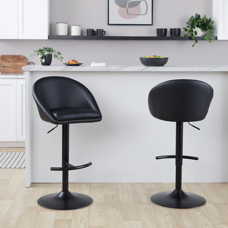 Maddison High Back Faux Leather Adjustable Barstool With Rounded T Footrest, Black, Black