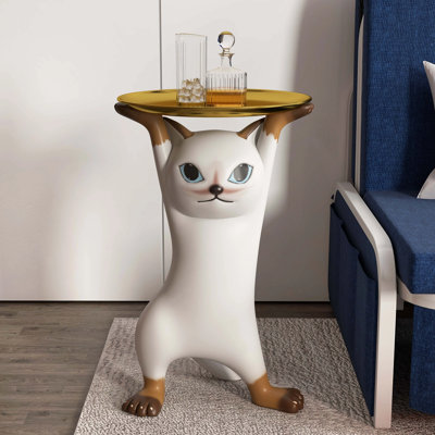 Modern Cat Side Table Floor Resin Figurine with Gold Tray End Table by Latitude Run