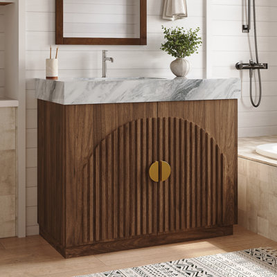 36"  Wood Freestanding Bathroom Vanity with Fluted Arched Cabinet Doors, Sintered Stone Countertop & Undermount Ceramic Sink, Walnut Finish
