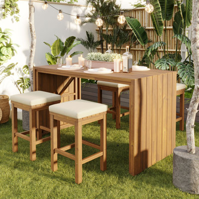 5 Piece Outdoor Bar Set, Patio Acacia Wood Bar Height Table & Four Stools With Cushions, Perfect For Backyard And Poolside Gatherings