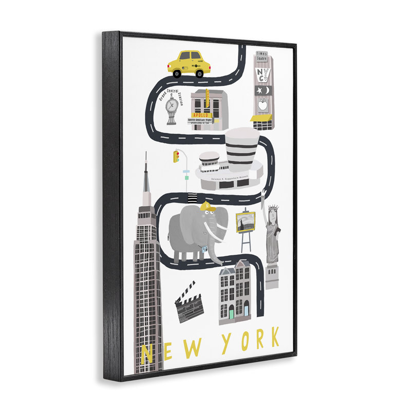 New York Whimsical Travel City, estampe numérique, design par Carla Daly, H 18 po x l 12 po, Giclée encadrée noir minuit